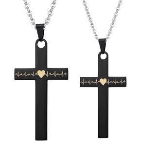 His & Hers Matching Set Heartbeat Cross Couple Pendant Necklace Korean Love Style with a Lucky Bean