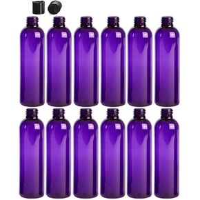 Premium Essential Oil 4 Ounce Cosmo Round Bottles, PET Plastic Empty Refillable BPA-Free, with Black Press Down Disc Caps (Pack of 12) (Black)