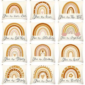 Kajaia 12 Pcs Boho Rainbow Cosmetic Bags Bulk Inspiration Canvas Makeup Bag Boho Party Favors Sunshine Makeup Pouch Quotes Printed Cosmetic Pouch Zipper Travel Preppy Purse for Woman Adult(Boho)