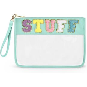 AYOUGEN Chenille Letter Clear Bag - Stuff Pouch Cosmetic Bag for Women Girls, Varsity Stadium Travel Cute Clear Makeup Letter Bag with Zipper (Off White)