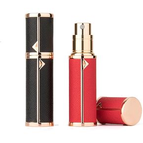 Refillable Perfume Bottle Atomizer for Travel,2Pcs 5ML Empty Perfume Spray Fine Mist,Mini Luxury Leather Refill Pump Case,for Man and Woman (2pcs Black+Red)
