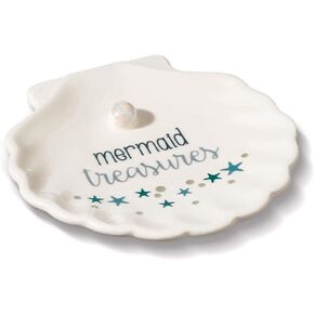 1pc Jewelry Holder Mermaid Treasures Trinket Dish Decorative Small 4’’ Plate for Earrings Necklace with Pearl Shape Ring Holder Tray