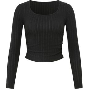 تي شيرت نسائي برقبة مربعة وأكمام طويلة ومتماسك ومضلع ونحيف كاجوال in Kuwait