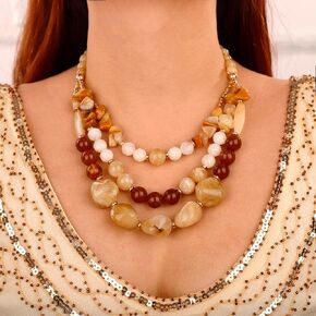 Wiwpar 2PCS Fashion 3 Layer Handmade Statement Chunky Simulated Pearl Beaded Necklace Set with Earrings Multi Layer Collar Bib Choker Necklace for Women Girls