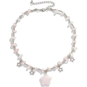Caiyao Star Charms Pendant Choker Y2K Healing Crystal Beaded Necklace for Women Summer Jewelry with Silver Chains Teen Girls Beach Vacation Accessories