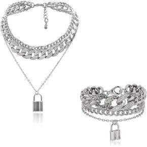 2 Pcs Hip Hop Rhinestone Necklace Shiny Cuban Link Chain Choker Bling Collar Chains Chunky Necklace Bracelet Fashion Punk Lock Pendant Cool Jewelry Gifts Nightclub Jewelry for Women and Girls