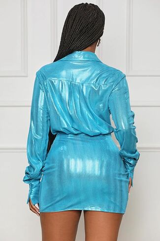 فستان LuFeng النسائي المثير بأكمام طويلة وفتحة رقبة على شكل V ملفوف من الأمام ومكشكش سباركلي للحفلات والنوادي فستان قصير in Kuwait