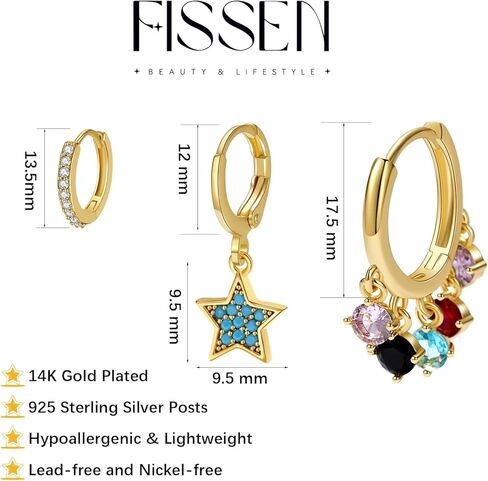 Fissen 3 أزواج من الأقراط المتدلية للنساء، أقراط ذهبية أنيقة 14 قيراط مطلية بالذهب مجموعة أقراط غضروفية مضادة للحساسية على شكل قلب CZ | أقراط عين الشر هدايا المجوهرات الذهبية العصرية للنساء والفتيات المراهقات in Kuwait