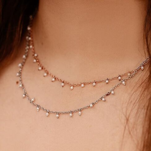 Pura Vida 14" Silver or Rose Gold Hanging Pearl Beaded Choker Necklace - Statement Necklace with Synthetic Pearls - Necklace for Women, Necklaces for Teen Girls, Boho Jewelry for Women - 3" Extender in Saudi Arabia
