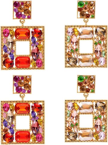 2 Pairs Rhinestone Dangle Earrings For Women Fashion Sparkly Crystal Geometric Rectangle Statement Drop Earrings For Girls Birthday Gifts in Saudi Arabia