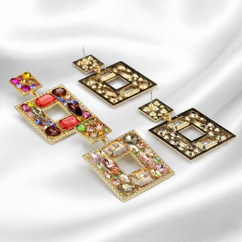 2 Pairs Rhinestone Dangle Earrings For Women Fashion Sparkly Crystal Geometric Rectangle Statement Drop Earrings For Girls Birthday Gifts in Saudi Arabia