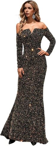 فستان طويل رسمي نسائي من Lin Lin Q برقبة على شكل حرف V بدون أكتاف، فستان حورية البحر بأكمام طويلة للحفلات المسائية in Kuwait