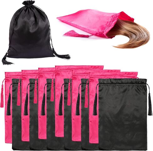 12 قطعة من حقائب الشعر المستعار الحريري مقاس 40.64 سم × 30.48 سم - أكياس تخزين أدوات الشعر المستعار الناعمة مع شرابة برباط لتغليف وصلات الشعر والشعر المستعار وحزم حاوية هدايا محمولة للاستخدام المنزلي في صالون السفر (أحمر وردي وأحمر) in Kuwait
