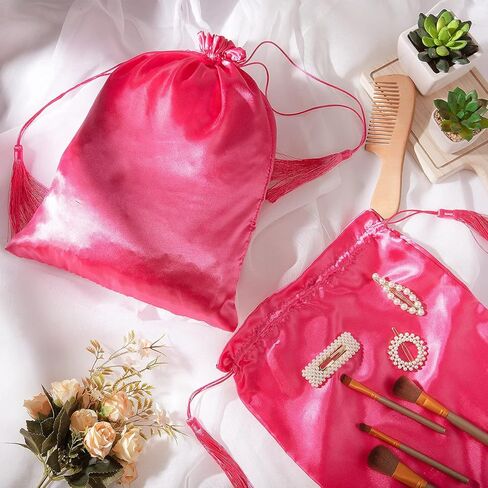 12 قطعة من حقائب الشعر المستعار الحريري مقاس 40.64 سم × 30.48 سم - أكياس تخزين أدوات الشعر المستعار الناعمة مع شرابة برباط لتغليف وصلات الشعر والشعر المستعار وحزم حاوية هدايا محمولة للاستخدام المنزلي في صالون السفر (أحمر وردي وأحمر) in Kuwait