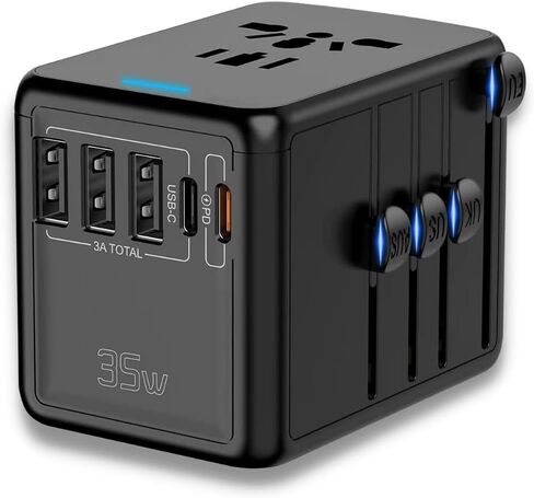 PD 35W Travel Adapter Fast Charging, Universal All in One Worldwide Travel Adaptor Power Converters 3X3A USB-A Ports, 2X USB-C Ports Wall Charger AC Outlet Plug Adapter for USA EU UK AUS Black in Saudi Arabia