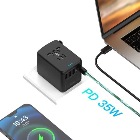 PD 35W Travel Adapter Fast Charging, Universal All in One Worldwide Travel Adaptor Power Converters 3X3A USB-A Ports, 2X USB-C Ports Wall Charger AC Outlet Plug Adapter for USA EU UK AUS Black in Saudi Arabia