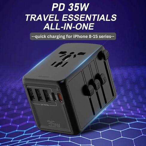 PD 35W Travel Adapter Fast Charging, Universal All in One Worldwide Travel Adaptor Power Converters 3X3A USB-A Ports, 2X USB-C Ports Wall Charger AC Outlet Plug Adapter for USA EU UK AUS Black in Saudi Arabia
