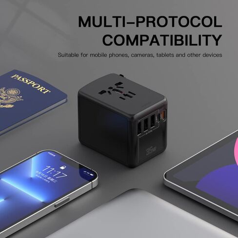 PD 35W Travel Adapter Fast Charging, Universal All in One Worldwide Travel Adaptor Power Converters 3X3A USB-A Ports, 2X USB-C Ports Wall Charger AC Outlet Plug Adapter for USA EU UK AUS Black in Saudi Arabia