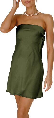 فستان Heysolo نسائي من الساتان بدون أكتاف بدون أكمام وربطة عنق من الخلف فستان قصير مثير بدون ظهر in Kuwait