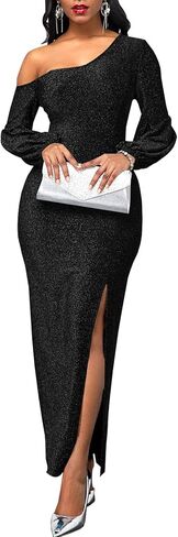 المرأة السوداء مثير الحفلة الراقصة أنيقة كتف واحد الجانب عالية سبليت سباركلي حورية البحر فساتين طويلة الأكمام الترتر فستان الحفلات المسائية الرسمية مع سحاب الخلفي in Kuwait