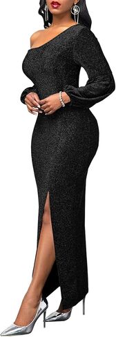 المرأة السوداء مثير الحفلة الراقصة أنيقة كتف واحد الجانب عالية سبليت سباركلي حورية البحر فساتين طويلة الأكمام الترتر فستان الحفلات المسائية الرسمية مع سحاب الخلفي in Kuwait