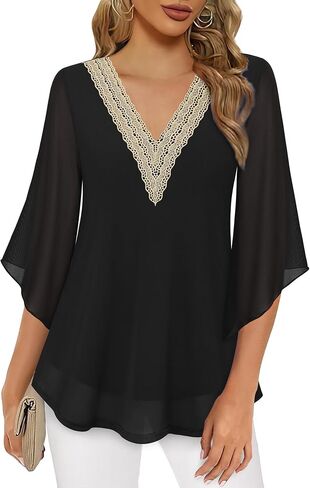 VALOLIA Womens Blouses 3/4 Sleeve Elegant Tops V Neck Dressy Shirts Trendy 2024 in Saudi Arabia