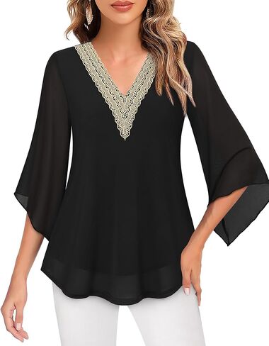VALOLIA Womens Blouses 3/4 Sleeve Elegant Tops V Neck Dressy Shirts Trendy 2024 in Saudi Arabia