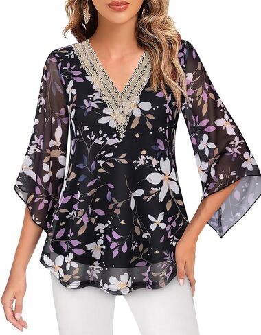 VALOLIA Womens Blouses 3/4 Sleeve Elegant Tops V Neck Dressy Shirts Trendy 2024 in Saudi Arabia