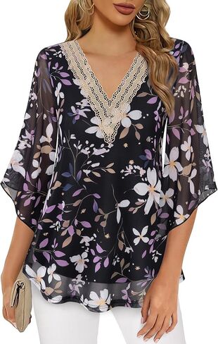 VALOLIA Womens Blouses 3/4 Sleeve Elegant Tops V Neck Dressy Shirts Trendy 2024 in Saudi Arabia