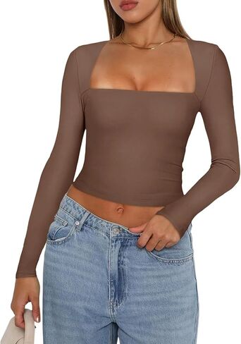 Women's Square Neck Long Sleeve Top Casual Basic Going Out Shirt Y2K Slim Fitted Tight T-Shirt Crop Tops in Kuwait