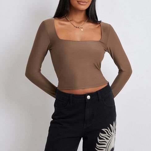 Women's Square Neck Long Sleeve Top Casual Basic Going Out Shirt Y2K Slim Fitted Tight T-Shirt Crop Tops in Kuwait