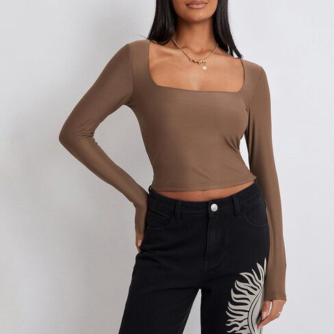 Women's Square Neck Long Sleeve Top Casual Basic Going Out Shirt Y2K Slim Fitted Tight T-Shirt Crop Tops in Kuwait