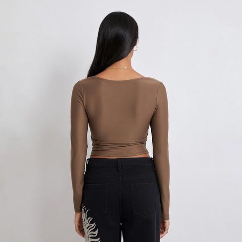 Women's Square Neck Long Sleeve Top Casual Basic Going Out Shirt Y2K Slim Fitted Tight T-Shirt Crop Tops in Kuwait