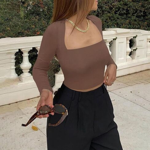 Women's Square Neck Long Sleeve Top Casual Basic Going Out Shirt Y2K Slim Fitted Tight T-Shirt Crop Tops in Kuwait