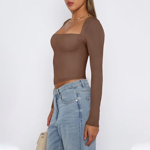 Women's Square Neck Long Sleeve Top Casual Basic Going Out Shirt Y2K Slim Fitted Tight T-Shirt Crop Tops in Kuwait