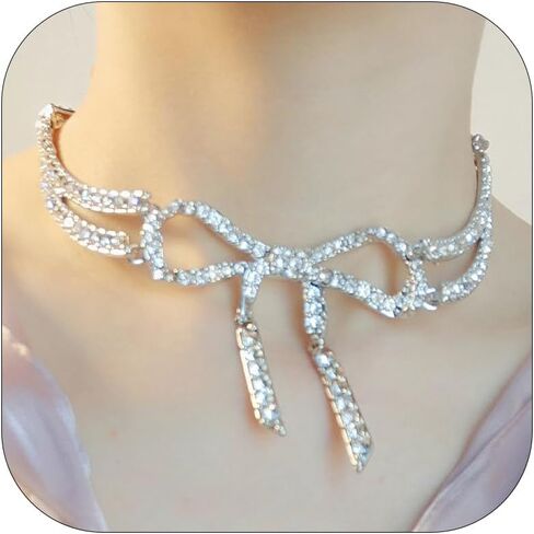 Your Always Charm Bow قلادة للنساء فضية حجر الراين قلادة قلادة كريستال سباركلي الحد الأدنى من إكسسوارات الحفلات الراقصة للفتيات الهالوين هدية عيد الميلاد لصديقتك in Saudi Arabia