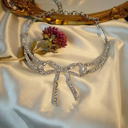 Your Always Charm Bow قلادة للنساء فضية حجر الراين قلادة قلادة كريستال سباركلي الحد الأدنى من إكسسوارات الحفلات الراقصة للفتيات الهالوين هدية عيد الميلاد لصديقتك in Saudi Arabia
