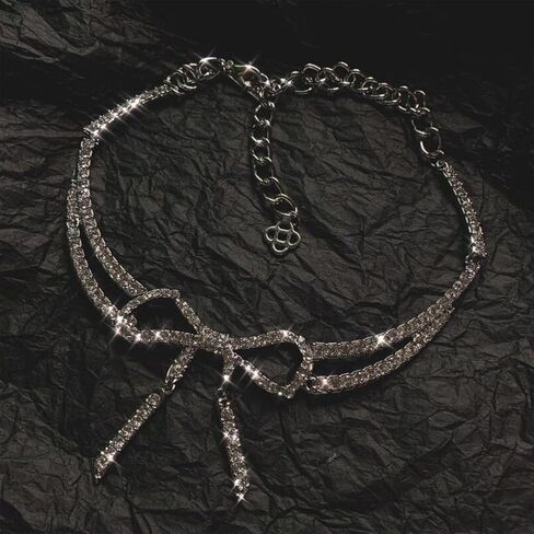 Your Always Charm Bow قلادة للنساء فضية حجر الراين قلادة قلادة كريستال سباركلي الحد الأدنى من إكسسوارات الحفلات الراقصة للفتيات الهالوين هدية عيد الميلاد لصديقتك in Saudi Arabia