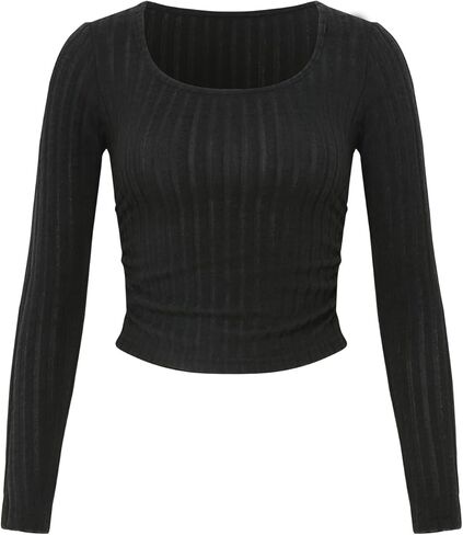 تي شيرت نسائي برقبة مربعة وأكمام طويلة ومتماسك ومضلع ونحيف كاجوال in Kuwait