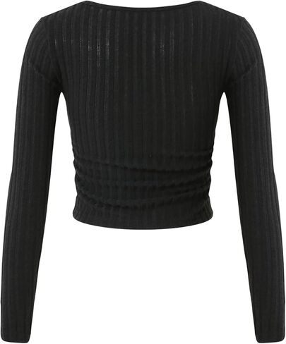 تي شيرت نسائي برقبة مربعة وأكمام طويلة ومتماسك ومضلع ونحيف كاجوال in Kuwait