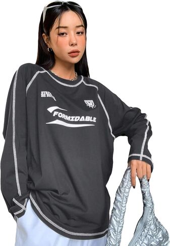 SOLY HUX Women's Letter Graphic Tees Long Sleeve Oversized T Shirt Tops in Saudi Arabia