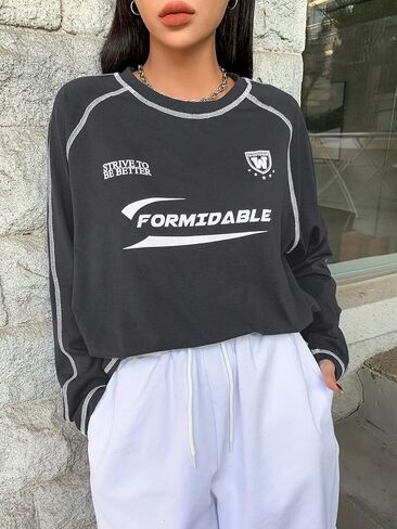 SOLY HUX Women's Letter Graphic Tees Long Sleeve Oversized T Shirt Tops in Saudi Arabia