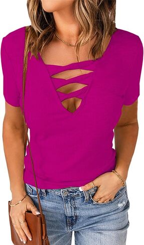 المرأة الصيف العميق الخامس الرقبة قمم مثير عارضة قصيرة الأكمام منخفضة قطع تي شيرت بلوزة in Kuwait