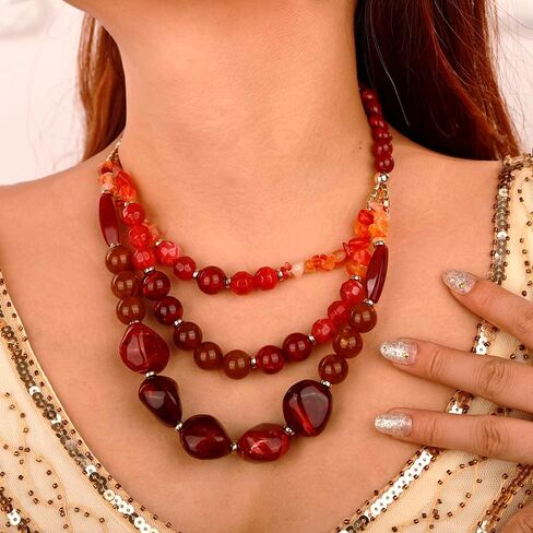 Wiwpar 2PCS Fashion 3 Layer Handmade Statement Chunky Simulated Pearl Beaded Necklace Set with Earrings Multi Layer Collar Bib Choker Necklace for Women Girls in Saudi Arabia