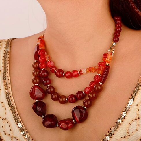 Wiwpar 2PCS Fashion 3 Layer Handmade Statement Chunky Simulated Pearl Beaded Necklace Set with Earrings Multi Layer Collar Bib Choker Necklace for Women Girls in Saudi Arabia