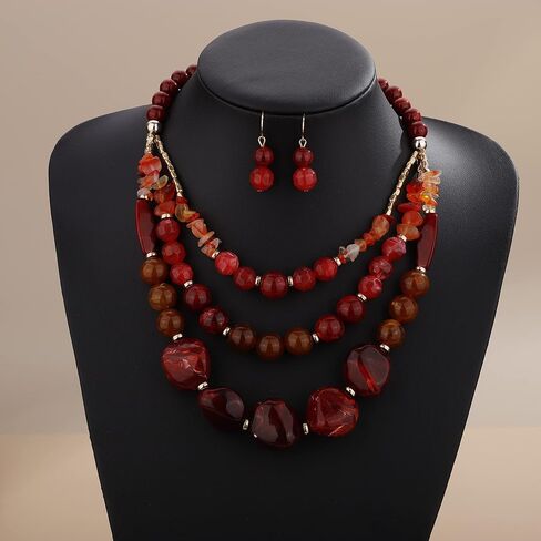 Wiwpar 2PCS Fashion 3 Layer Handmade Statement Chunky Simulated Pearl Beaded Necklace Set with Earrings Multi Layer Collar Bib Choker Necklace for Women Girls in Saudi Arabia
