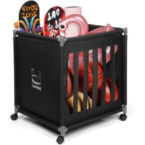 Exttlliy Rolling Sports Ball Storage Cart with Wheels Sports Lockable Ball Storage Locker with Elastic Straps for Garage Storage, Gym