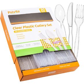 PSTVITA Heavy Duty Plastic Cutlery Set - Disposable 30 Forks 30 Spoons 30 Knives, Clear, Pack of 90