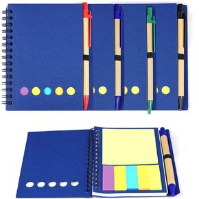 Kisdo 3 Packs Lined Spiral Notebook Kraft Paper Cover Notepad with Pen In Holder, Sticky Notes and Page Marker Colored Index Tabs, 4.5“x5.5" Steno Pocket Business Notebook (Brown/Black/Red 3 Packs)