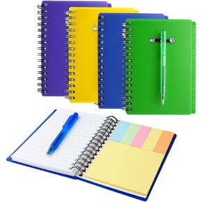Coopay 4 Pieces Spiral Notebook Steno Pocket Notepad with Pen in Holder and Sticky Notes, Page Marker Index Tabs Flags Making Plans Writing Memos Office School Supplies (Black, Blue, Red, Green)